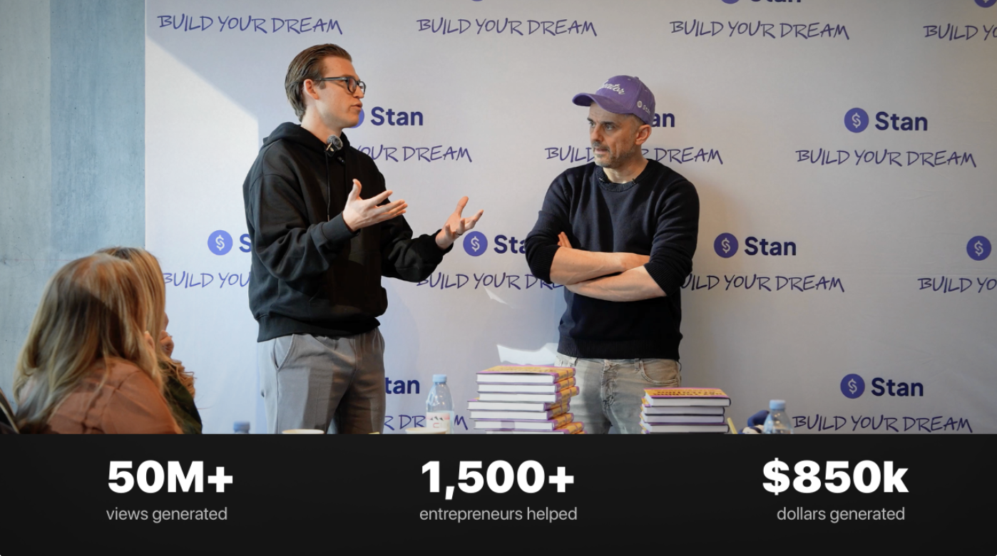 Dylan Reynolds speaking alongside Gary Vaynerchuk at Stan. 50M+ views generated, 1,500+ entrepreneurs helped, $850K generated.